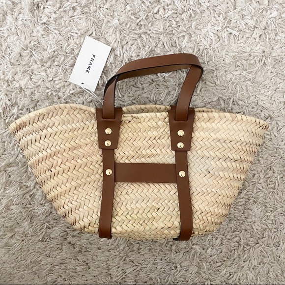 Frame Straw Tote Natural NWT Mini Tote Brown Leather Gold Hardware - Picture 7 of 10